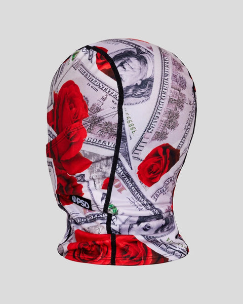 Balaclava with red roses and currency pattern print, black center seam detail.