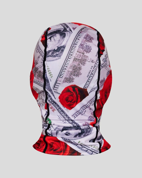 Balaclava with red roses and currency print pattern in black and white.