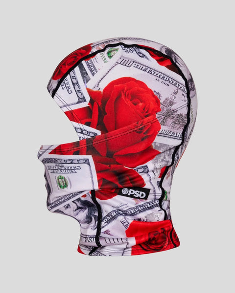 Red roses and dollar bill pattern balaclava with black trim and PSD branding.