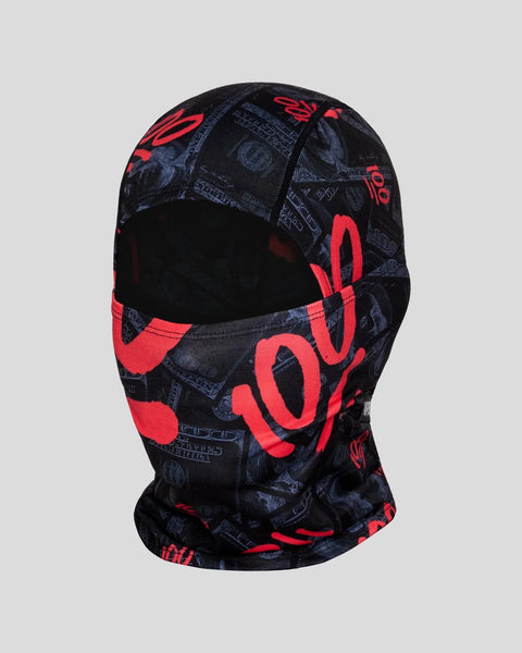 Black and red balaclava with "100" text pattern and open eye and mouth openings.