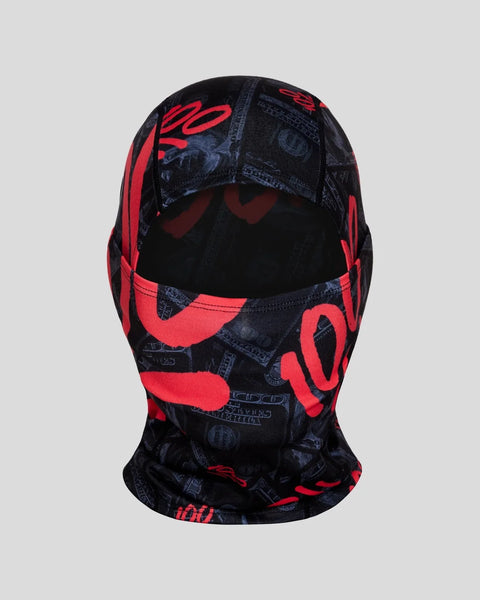 Black balaclava with red graphic print and text pattern throughout.