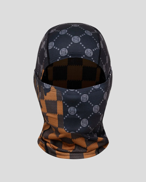 Black balaclava with repeating emblem pattern and orange and black checkered lower section.
