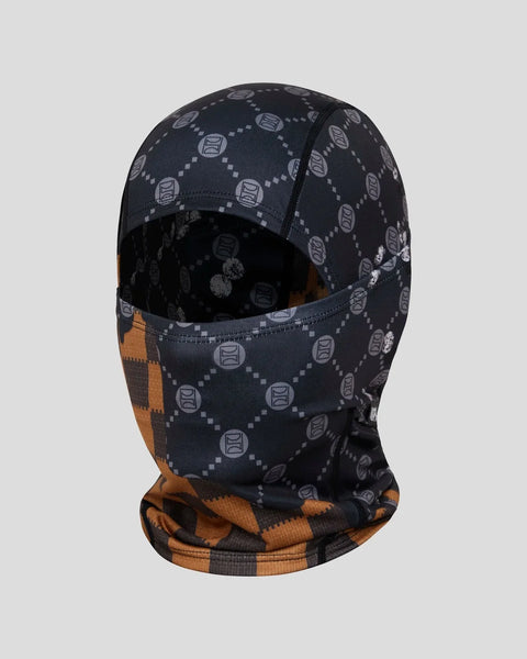 Black balaclava with repeating emblem pattern and orange and brown striped neck panel.