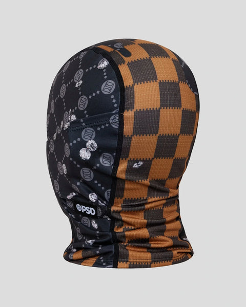 Black and orange checkered balaclava with patterned side featuring logo and decorative elements.