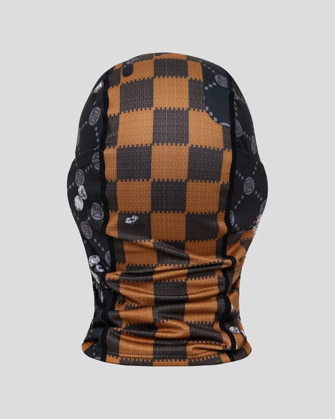 Black and orange checkered balaclava with emblem pattern on sides and ribbed knit fabric.