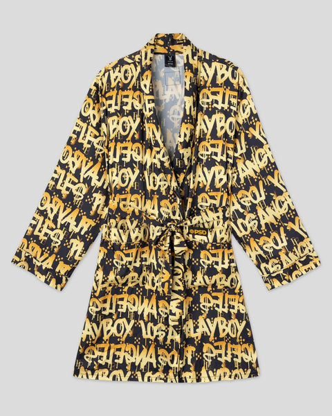 Black and gold graffiti-print robe with Playboy branding and dollar sign motifs throughout.