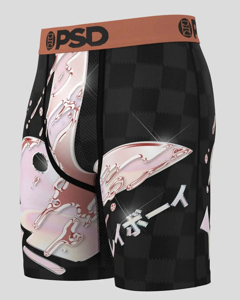 Black PSD boxer briefs with rose-drip graphic design, orange waistband, and mesh side panels.