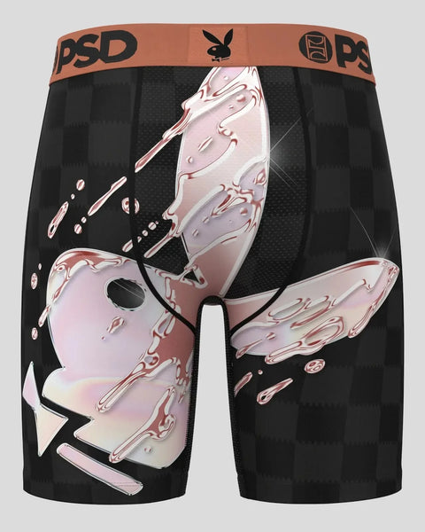 Black boxer shorts with orange PSD waistband, featuring pink and white Playboy bunny logo with dripping effect graphic.