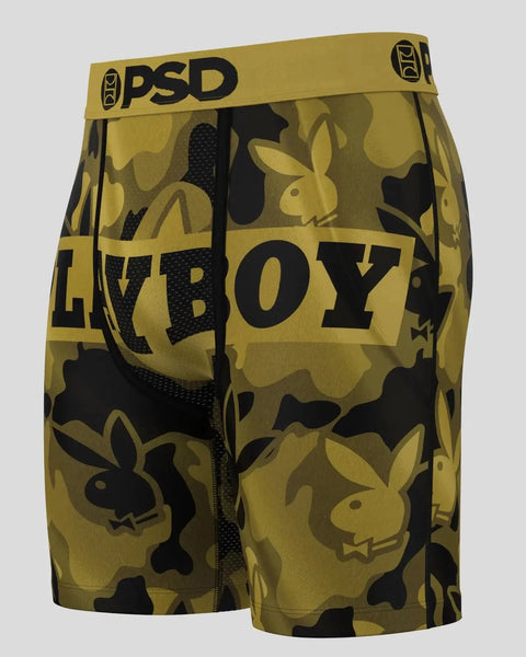 Gold and black Playboy Bunny print boxer shorts with PSD waistband and mesh side panels.