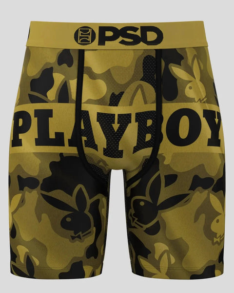 Gold and black Playboy bunny patterned boxer briefs with PSD waistband and mesh panel.