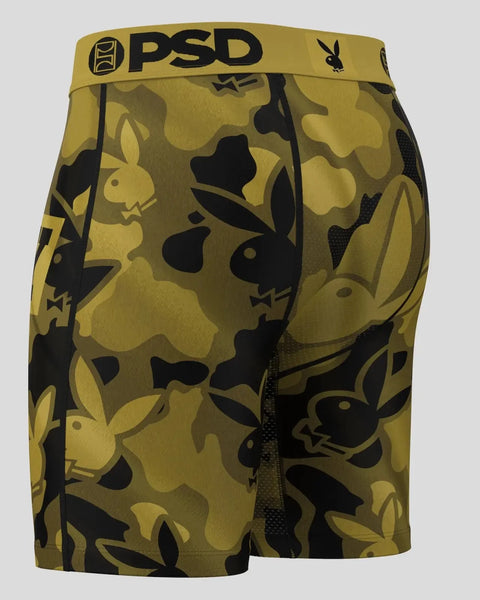 Gold and black Playboy bunny print shorts with PSD waistband and mesh side panels.