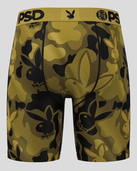Gold and black Playboy bunny pattern boxer briefs with PSD waistband.