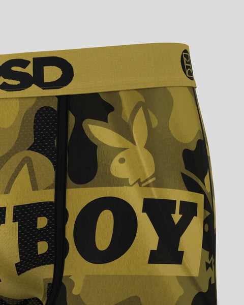 Gold silk boxer brief with Playboy branding and bunny logo print in black.
