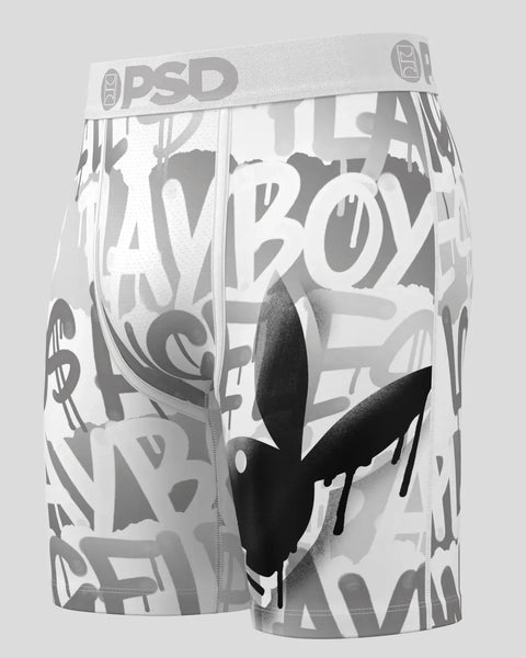PSD boxer briefs with white and gray all-over Playboy logo print and black bunny head graphic.