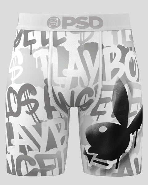 White PSD boxer briefs with gray Playboy bunny logo and scattered text design.