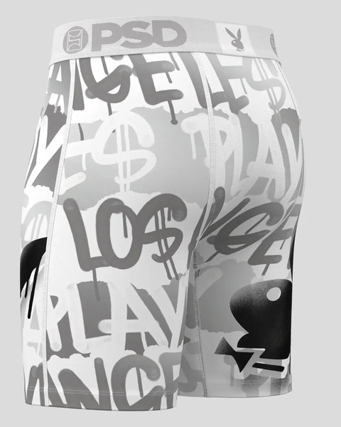 PSD boxer briefs with white and gray graffiti-style text and Playboy bunny logo print.