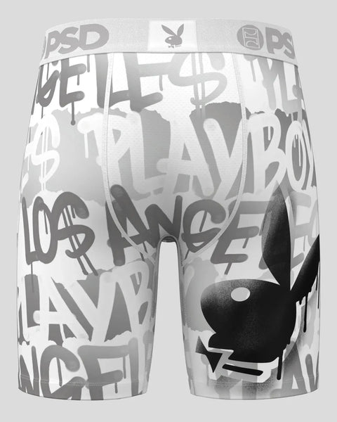Men's boxer briefs with Playboy bunny logo and gray text pattern on white background.