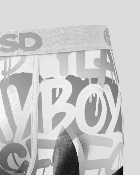 Silver and white Playboy spray briefs with elastic waistband and logo print.