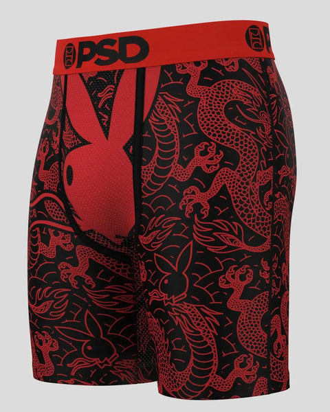 Red and black boxer shorts with Playboy bunny and dragon pattern, PSD waistband.