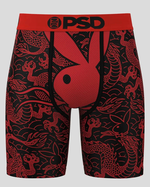 Red and black Playboy boxer shorts with dragon pattern and PSD waistband.