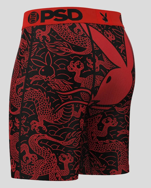 Red and black PSD boxer briefs with dragon print pattern and red waistband.