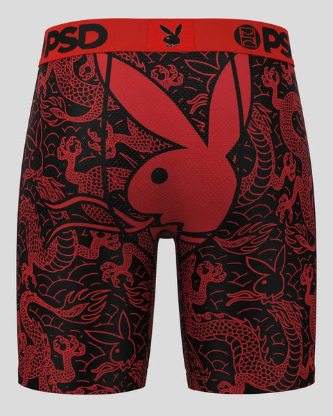 Red and black boxer briefs with Playboy bunny logo and dragon print pattern throughout.