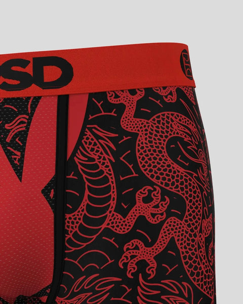 Red and black Playboy Dragon boxer briefs with elasticated waistband featuring dragon graphic print and logo detail.