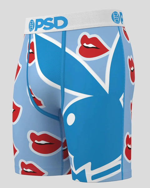 Blue and light blue boxer briefs with red lip print pattern and white waistband.