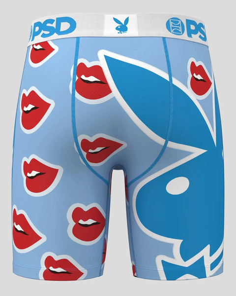 Blue boxer briefs with red lip prints and Playboy bunny logo design, PSD waistband.