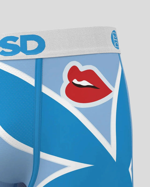 Blue boxer brief with red lips graphic and white waistband trim.