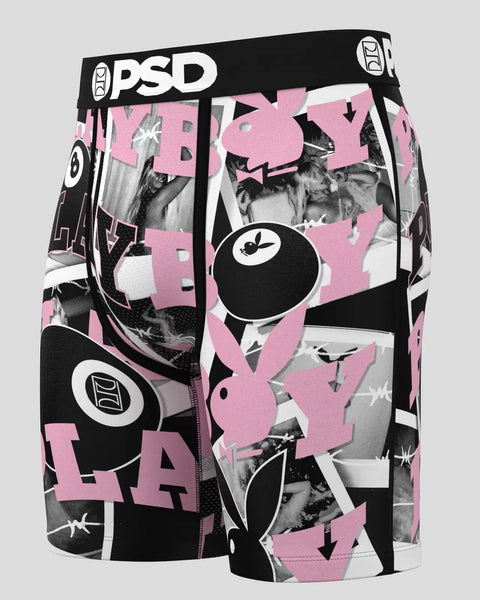 PSD boxer briefs with black 8-ball graphic on pink and black color-blocked background with Playboy imagery.