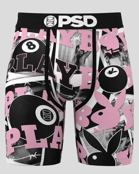 PSD boxer briefs with black 8 ball and pink Playboy bunny logo print on black and white background.