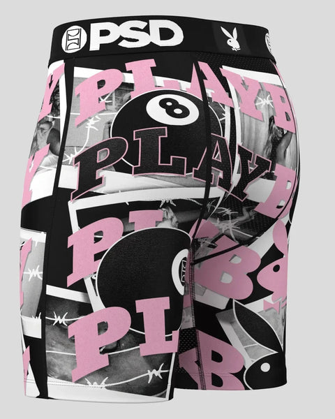 Black and pink PSD boxer briefs featuring 8 ball graphic and Playboy bunny logo on black elastic waistband.