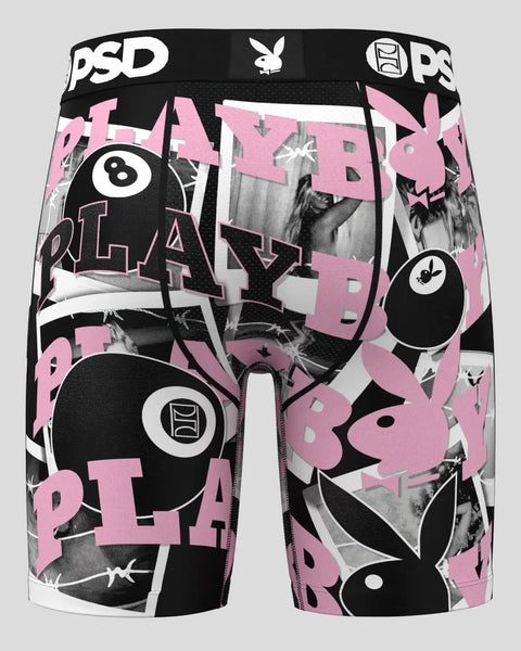 PSD boxer briefs with black 8-balls, pink Playboy bunny logos, and black and white vintage photos on elastic waistband.