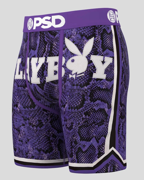 Purple and black snakeskin patterned boxer briefs with white Playboy bunny logo and "PLAYBOY" text, PSD waistband.