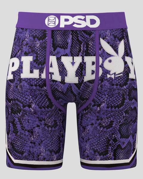 PSD waistband purple and black snakeskin patterned boxer briefs with Playboy logo and bunny graphic.
