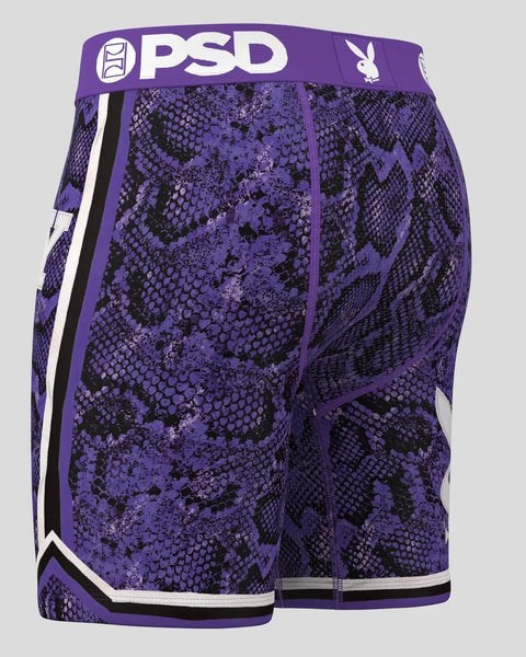 Purple and black snakeskin patterned boxer shorts with PSD waistband and white side stripe.