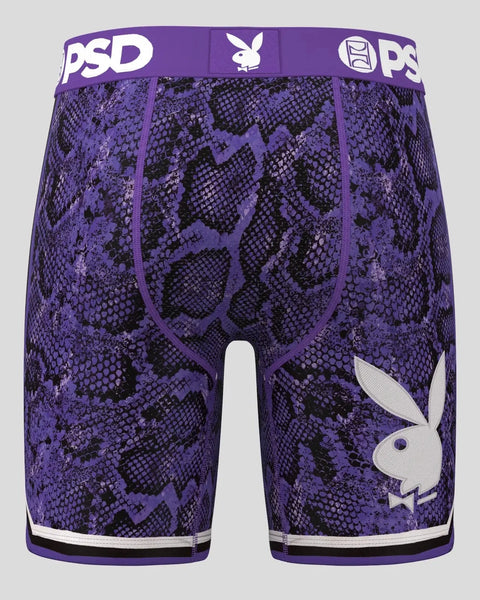Purple and black snakeskin patterned boxer briefs with Playboy bunny logo and PSD waistband.