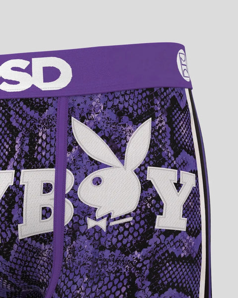 Purple and black snakeskin pattern underwear with white Playboy bunny logo and 