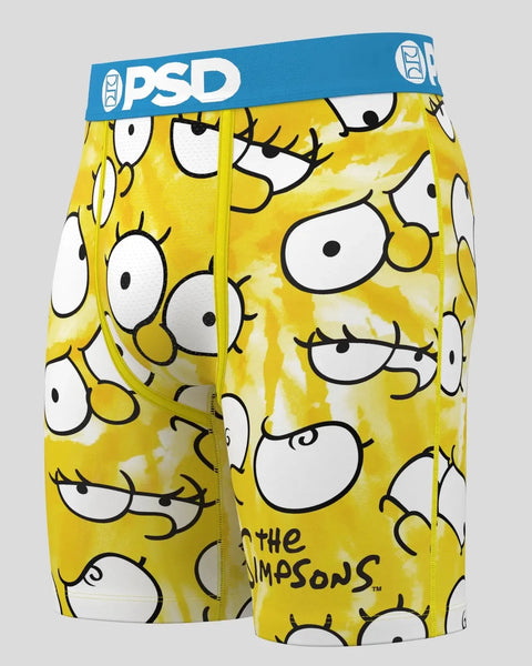 Yellow PSD boxer briefs with repeating cartoon eyes pattern and blue waistband.