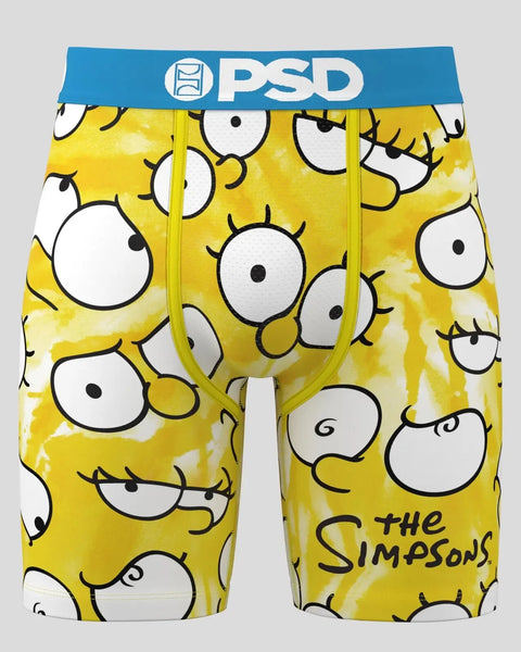 Yellow PSD boxer shorts with repeated Simpsons character eyes pattern and blue waistband.