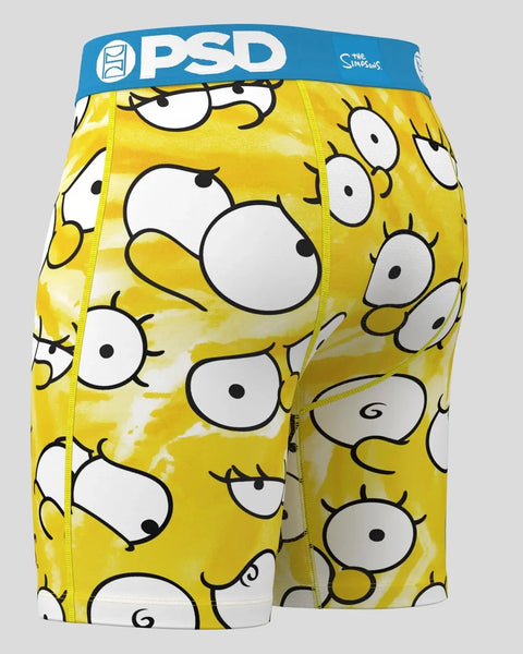 PSD boxer briefs with yellow fabric featuring repeated Simpsons character eyes pattern and blue waistband.
