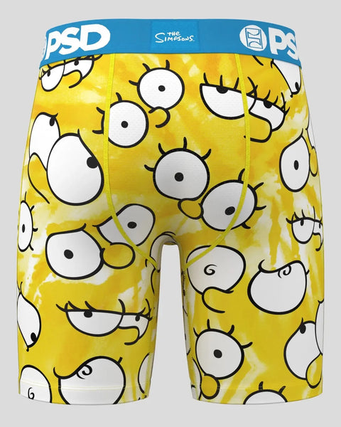 Yellow shorts with repeated white and black cartoon eyes pattern, blue PSD waistband.