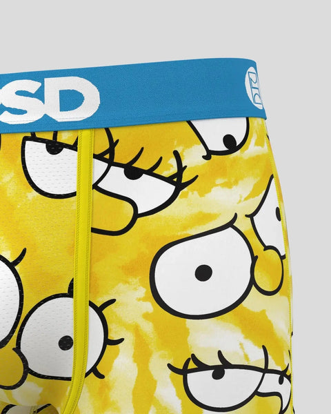 Yellow boxer briefs with large cartoon eyes featuring black outlines and eyelashes, blue waistband with white text.
