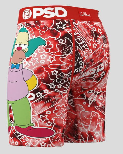 PSD red boxer shorts with Krusty the Clown character print and star pattern design.