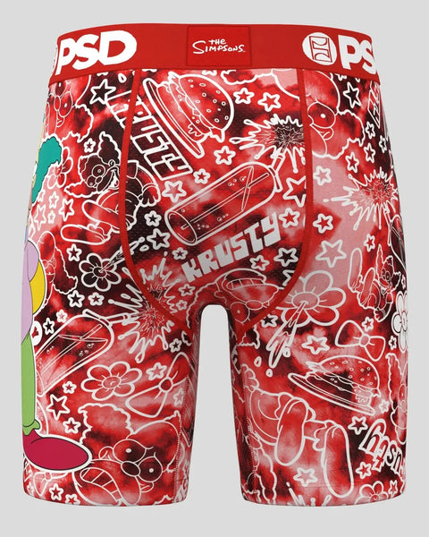Red PSD boxer briefs with Simpsons and Krusty character print, stars, and flowers throughout.
