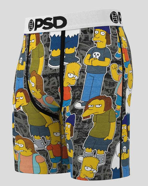 PSD boxer briefs with white waistband featuring Simpsons characters in yellow, blue, and gray tones.