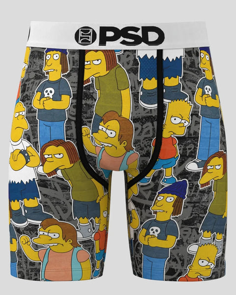 PSD brand boxer briefs with The Simpsons characters printed throughout on gray and white background.