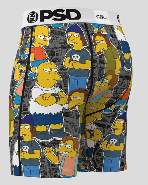 PSD boxer briefs with Simpsons characters in yellow, blue, and brown on gray background, white waistband with PSD logo.