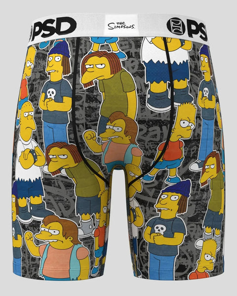 PSD boxer briefs with Simpsons characters printed on gray and white background, featuring yellow-skinned cartoon figures.